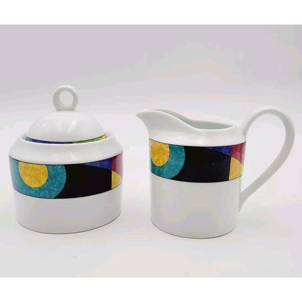 Mikasa California Currents M5101 Sugar Bowl w/ Lid & Creamer Set Excellent